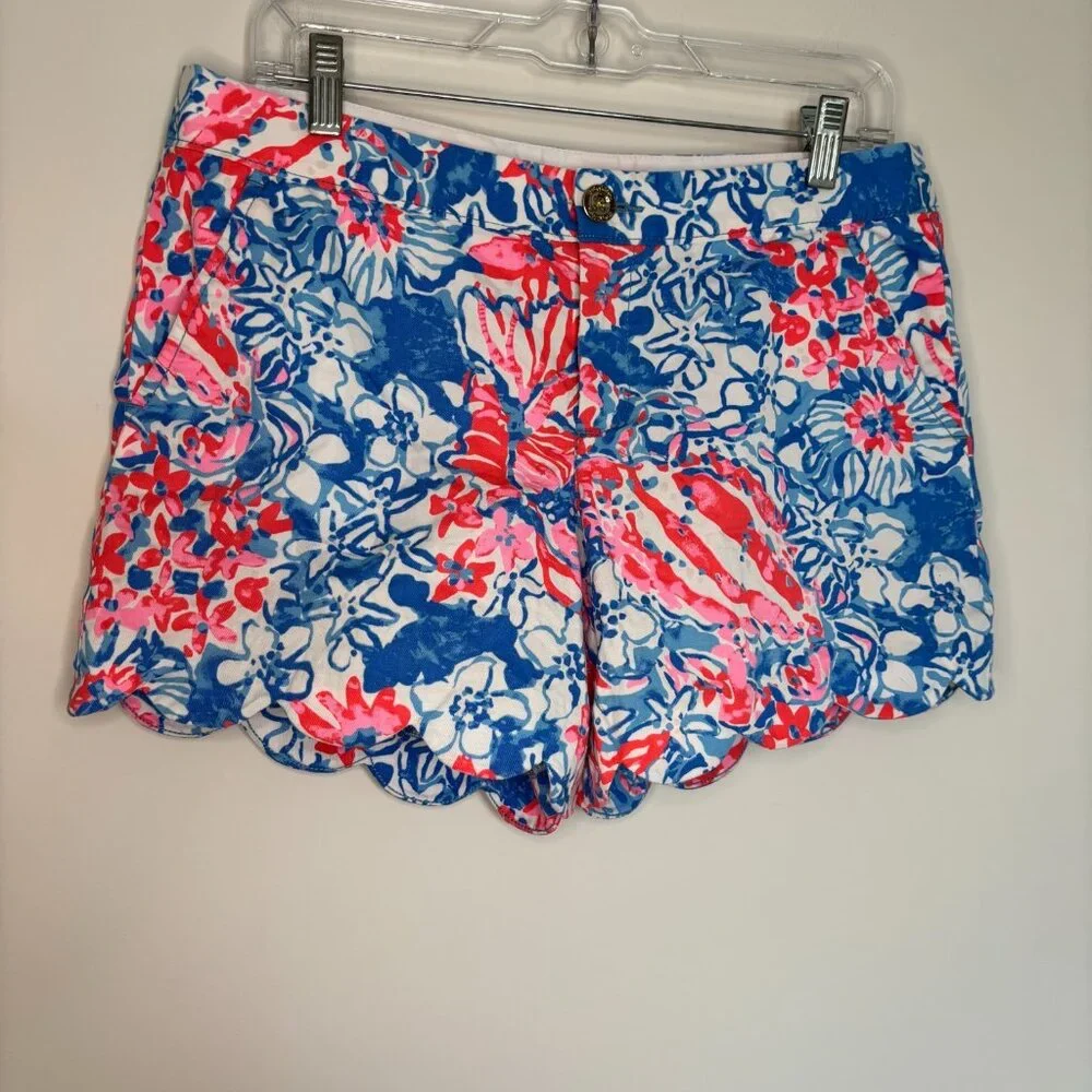 LILLY PULITZER Buttercup Short Womens 8 Pink Blue Floral Pocket Scalloped Summer - Picture 1 of 8